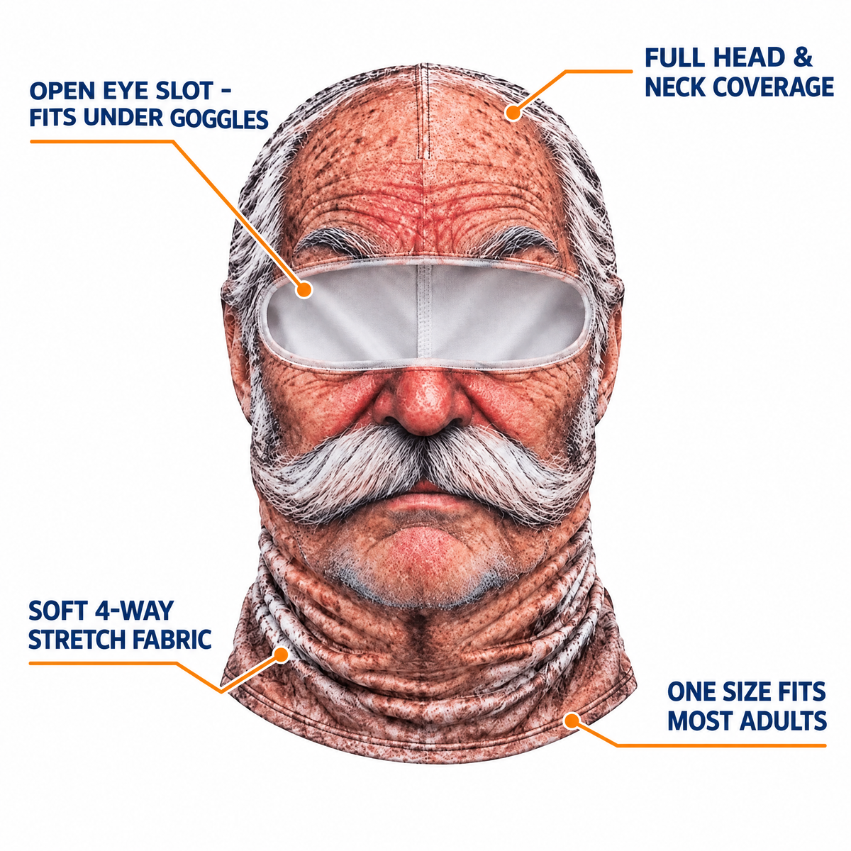 Old Mugz mask features: open eye slot, full head and neck coverage, stretch fabric, one size