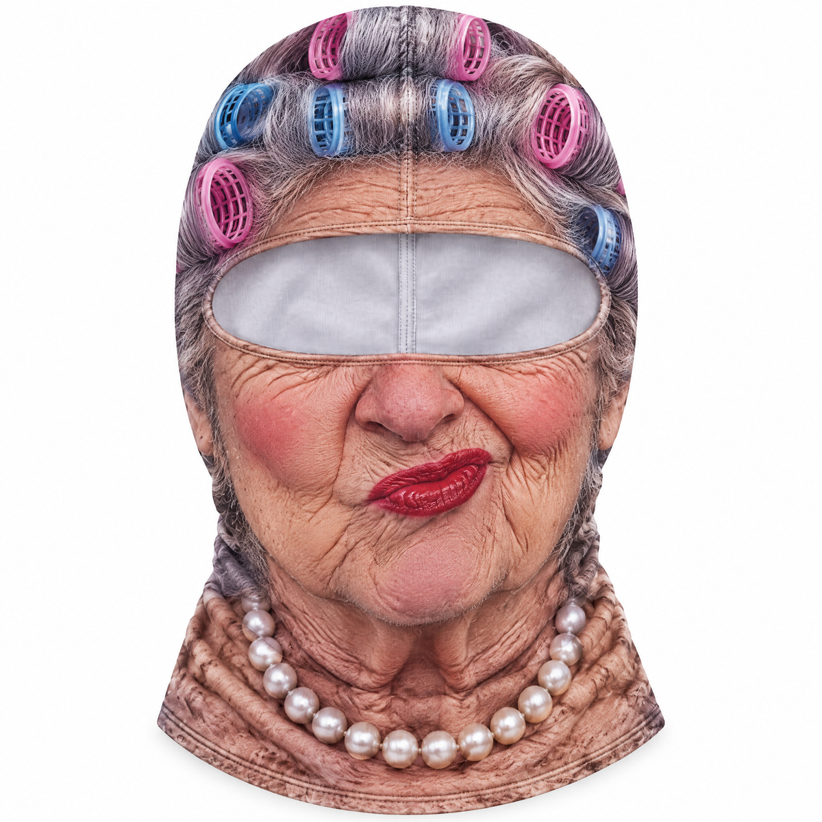 Granny Curlers face ski mask with hair curlers and red lipstick