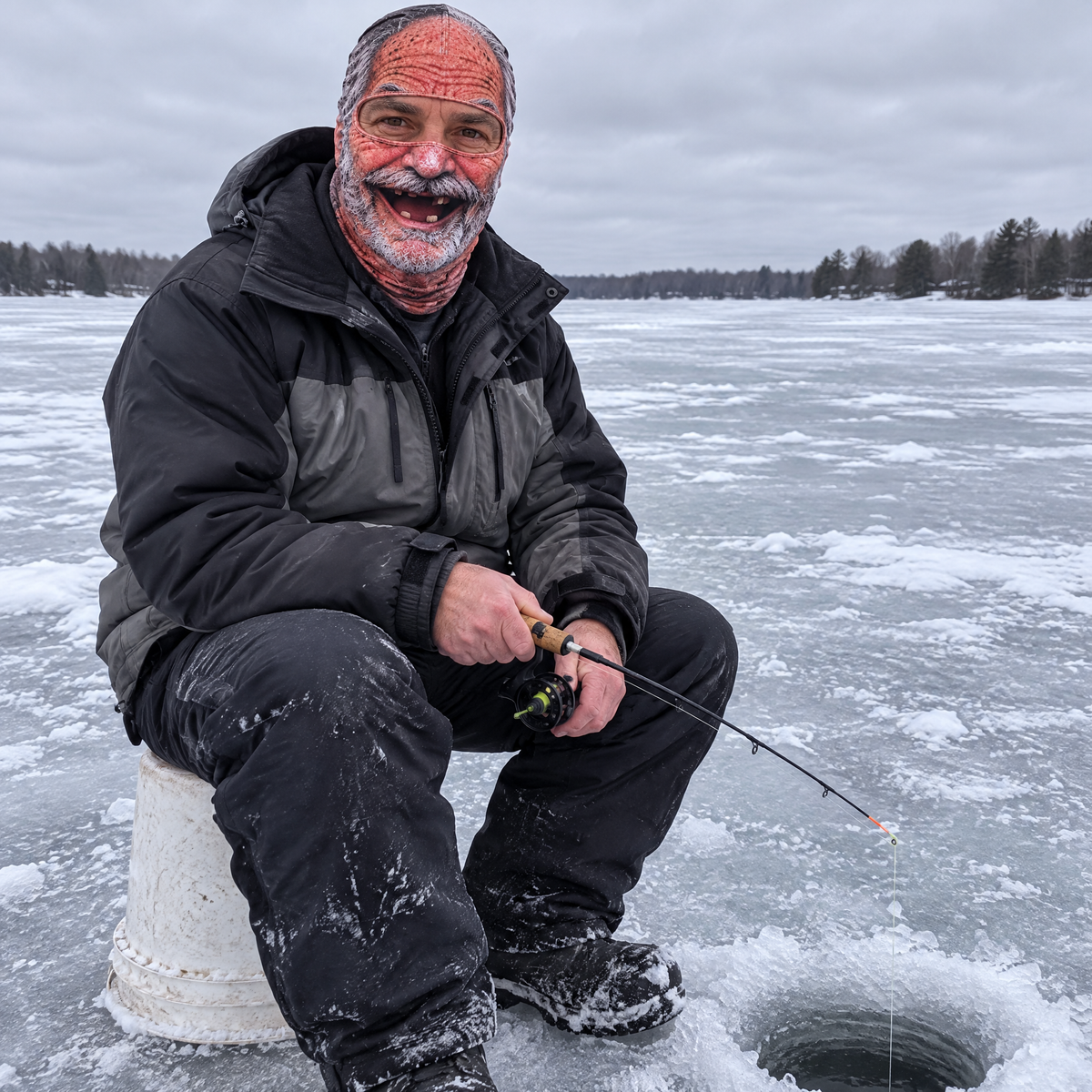 Ice fisher wearing the Toothless Ted mask