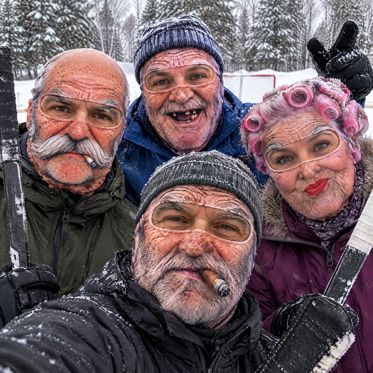 Friends at an outdoor hockey rink wearing four Old Mugz faces