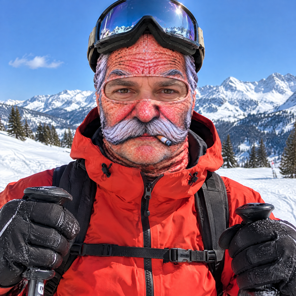 Skier wearing the Grumpy Gramps mask on the slopes