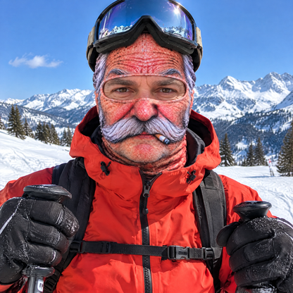 Skier wearing the Grumpy Gramps mask on the slopes